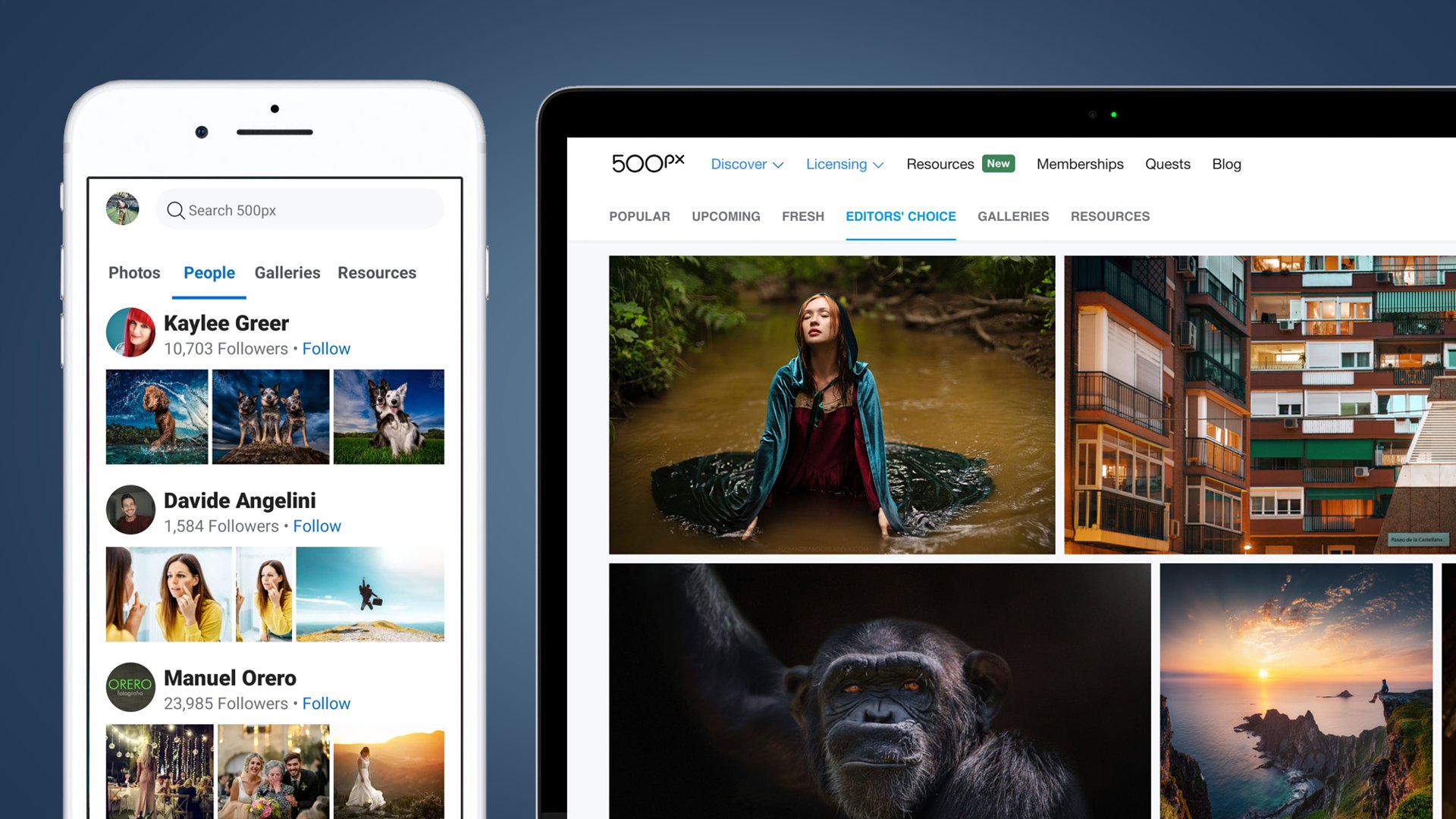 An iPhone and laptop displaying the 500px website and app