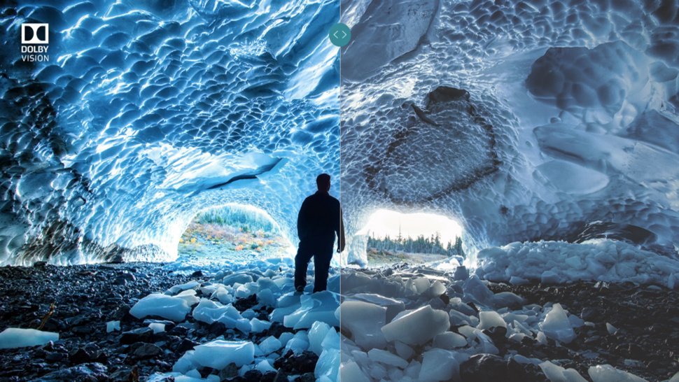 Ein HDR-Fernseher mit zwei kontrastierenden Bildern eines Mannes und eines Gletschers