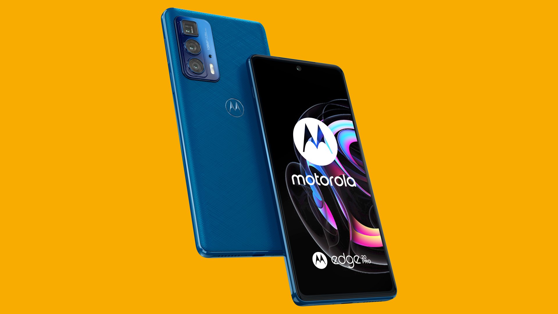 Le Motorola Edge 20 Pro dans sa teinte bleue montrant l'avant et l'arrière du téléphone