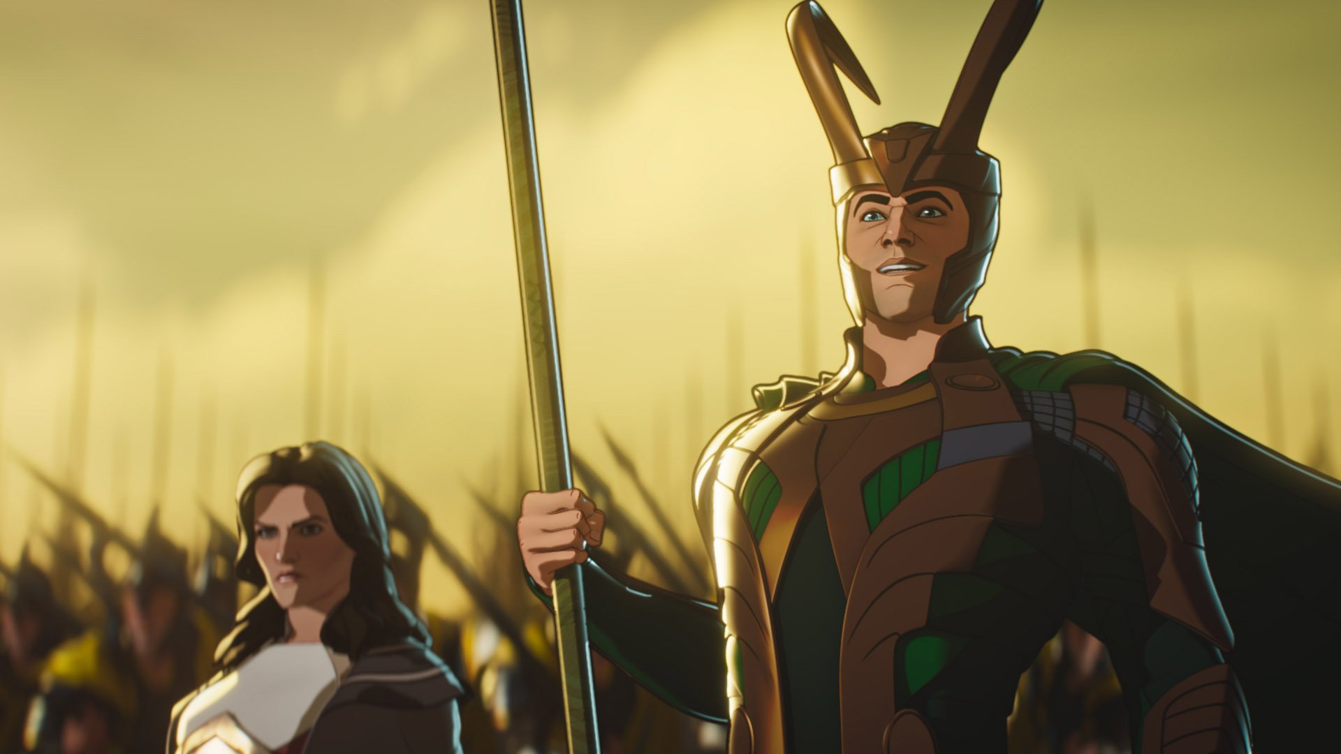 Tom Hiddleston and Jaimie Alexander as Loki and Sif in Marvel's What If ... episode 3