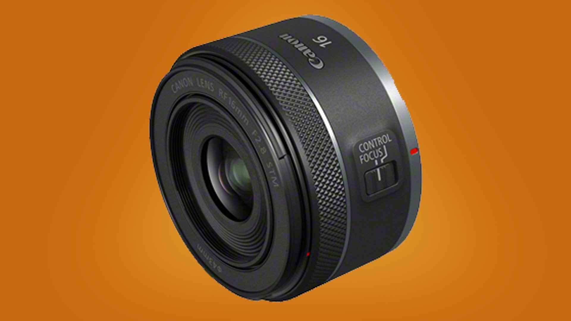 Canon RF 16mm F1.8 STM on an orange background