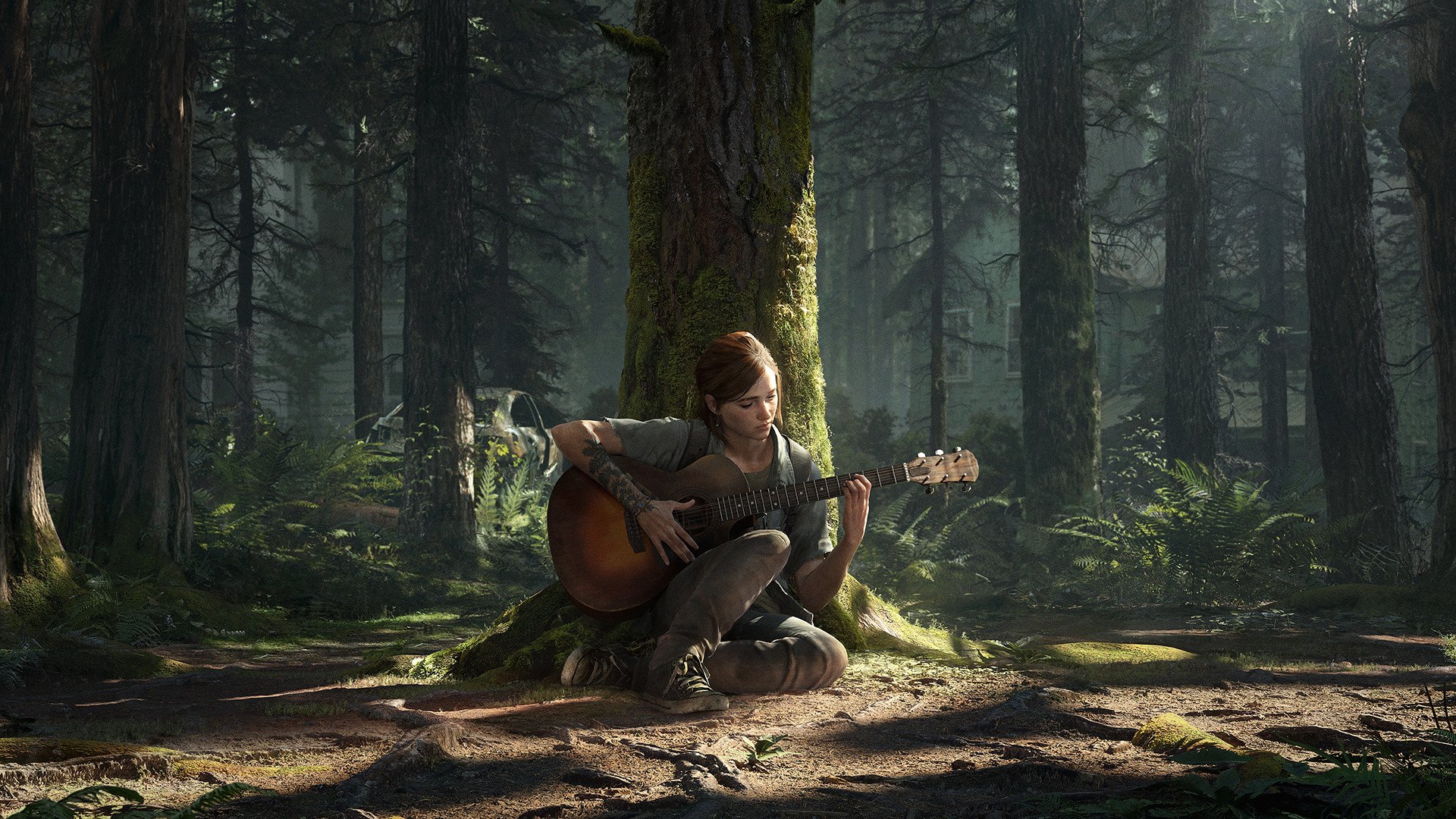 Elli playing guitar under a tree in The Last of Us 2