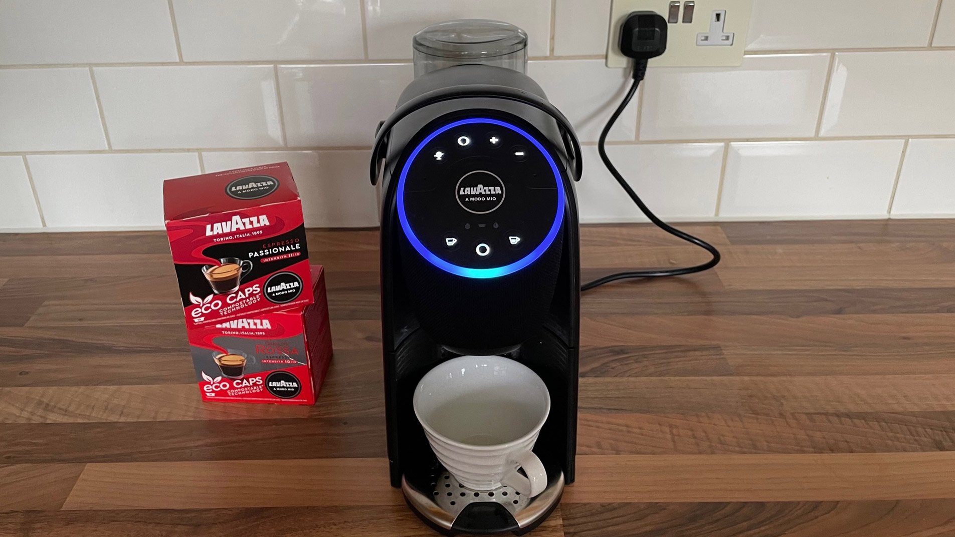 The front view of the Lavazza A Modo Mio Voicey, which has Alexa built in