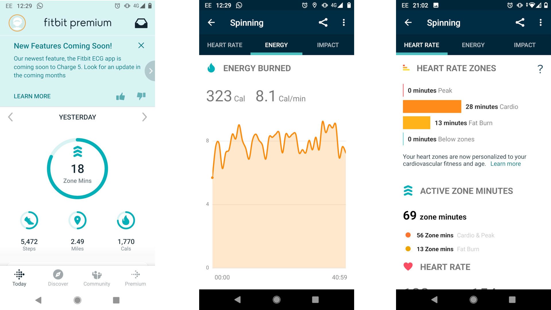 Datos de entrenamiento de Fitbit Charge 5 en la aplicación móvil de Fitbit