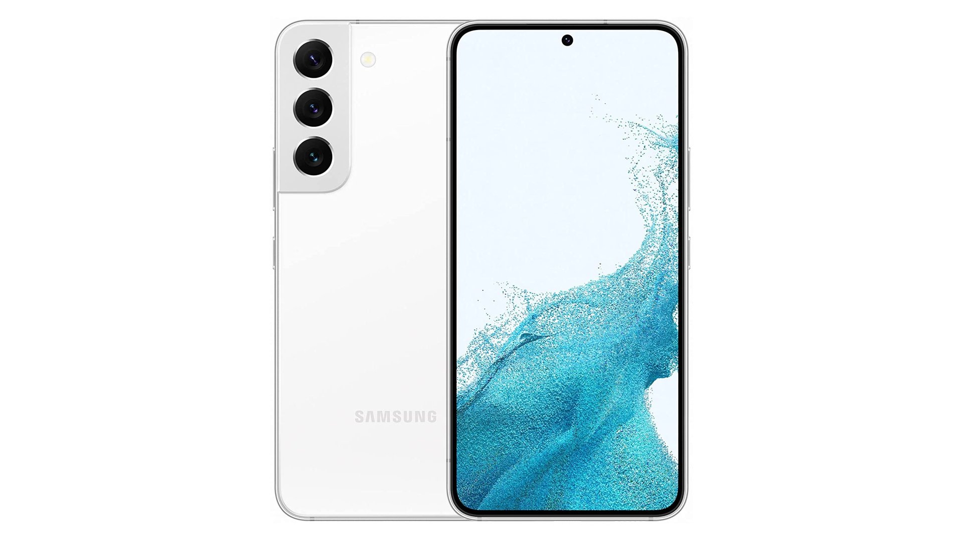 Un Samsung Galaxy S22 in bianco, davanti e dietro