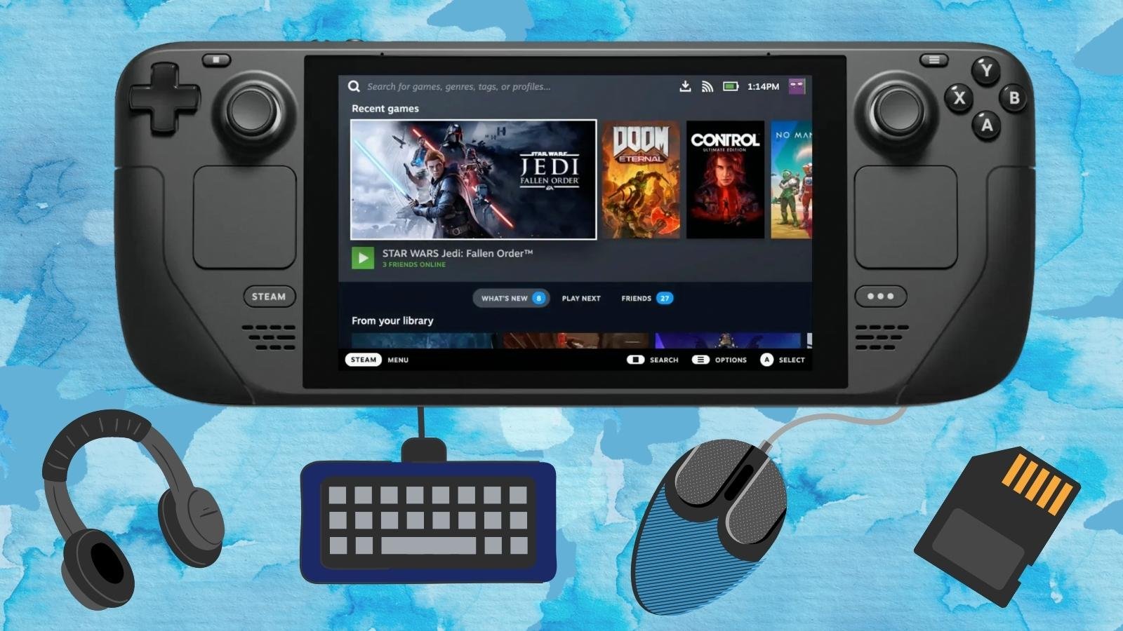 A Steam Deck console surrounded by an SD card, gaming mouse, keyboard and headphones