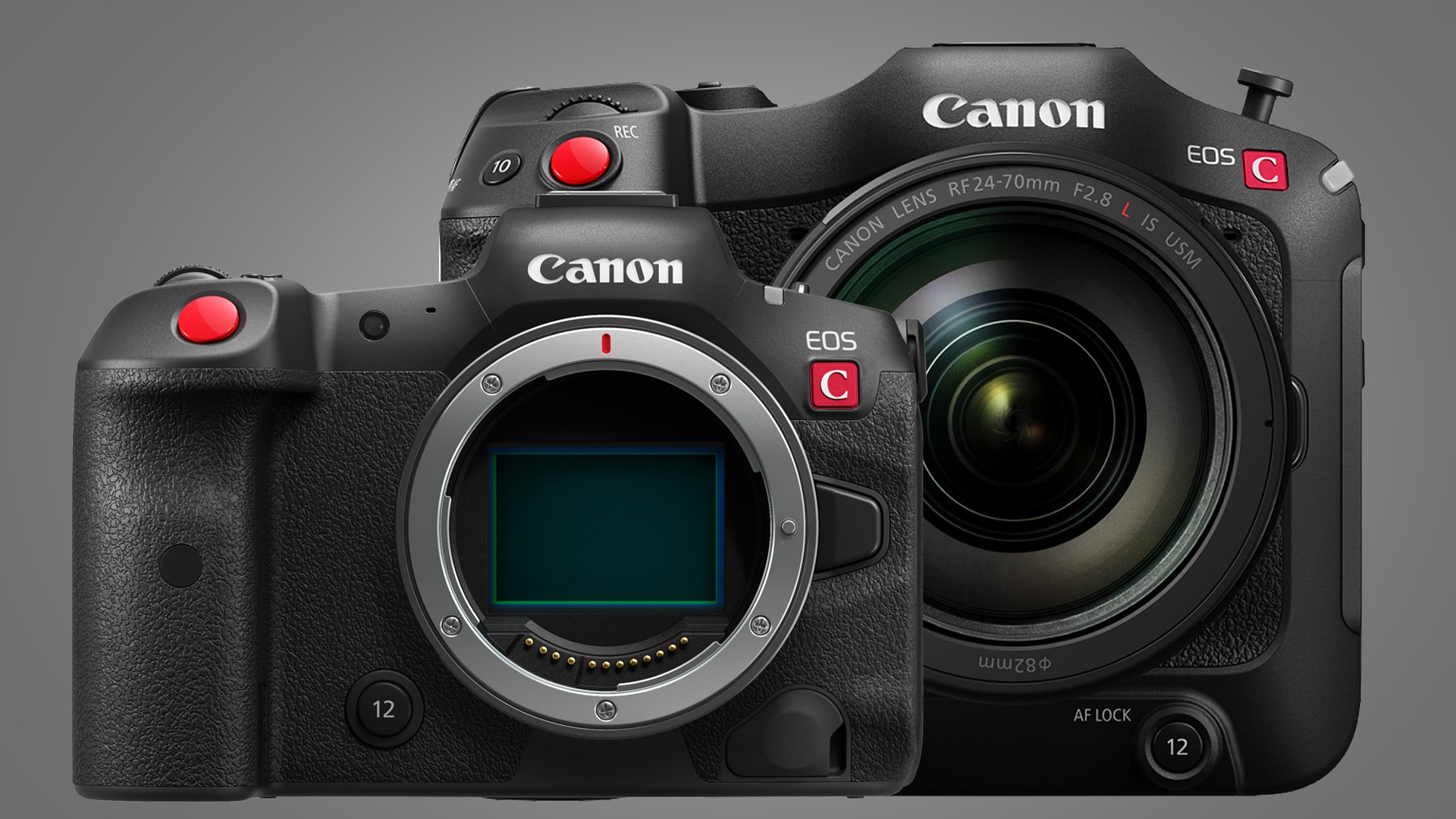Canon EOS R5 C i EOS C70 na szarym tle