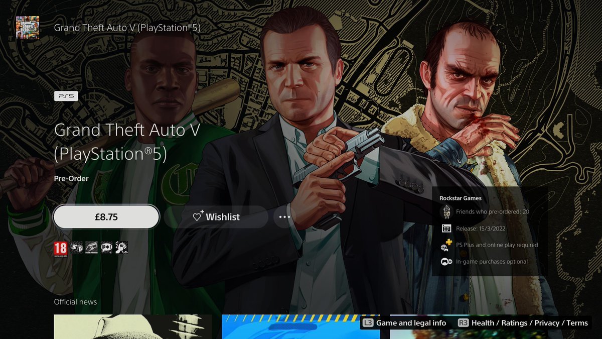 Captura de pantalla de la página de la tienda de Grand Theft Auto 5 en la PS5