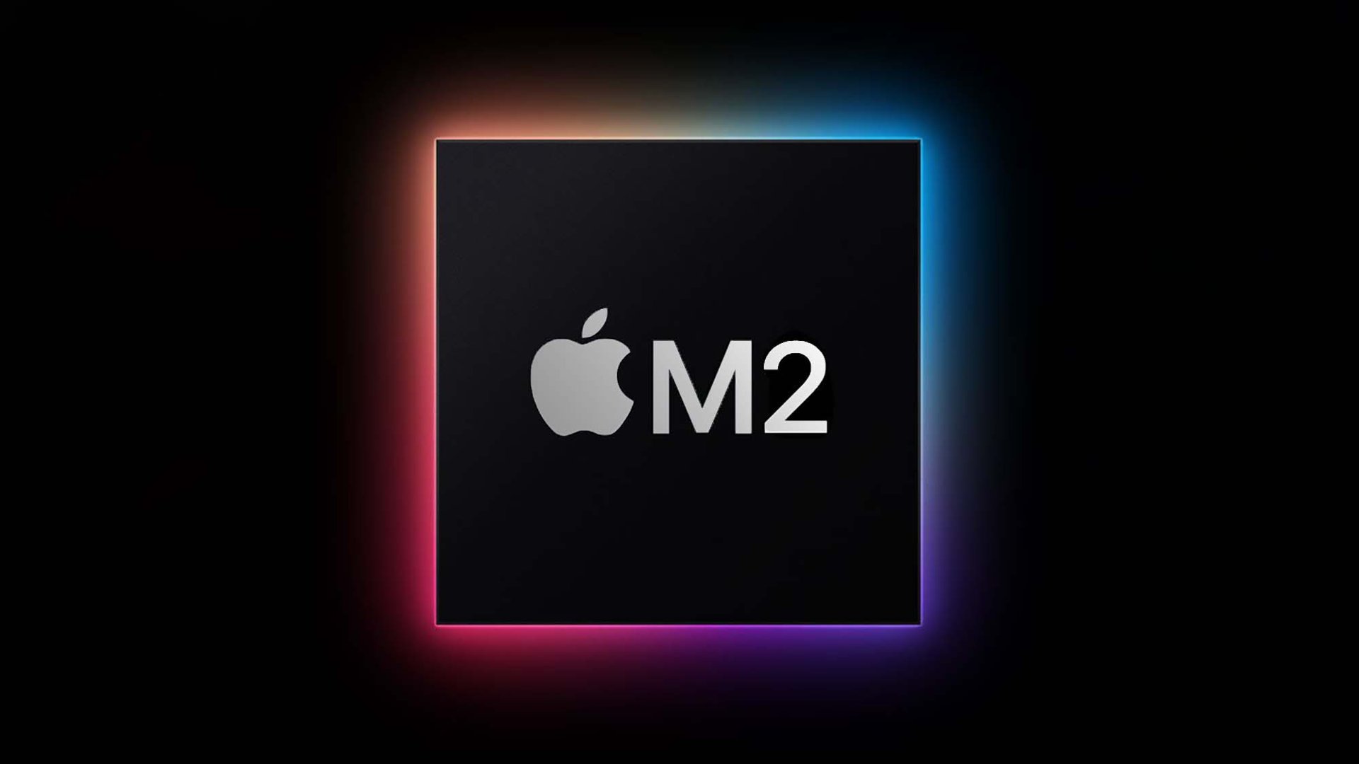 Ein schwarzes Quadrat, umgeben von einem Regenbogenlicht und dem Apple- und M2-Logo in der Mitte