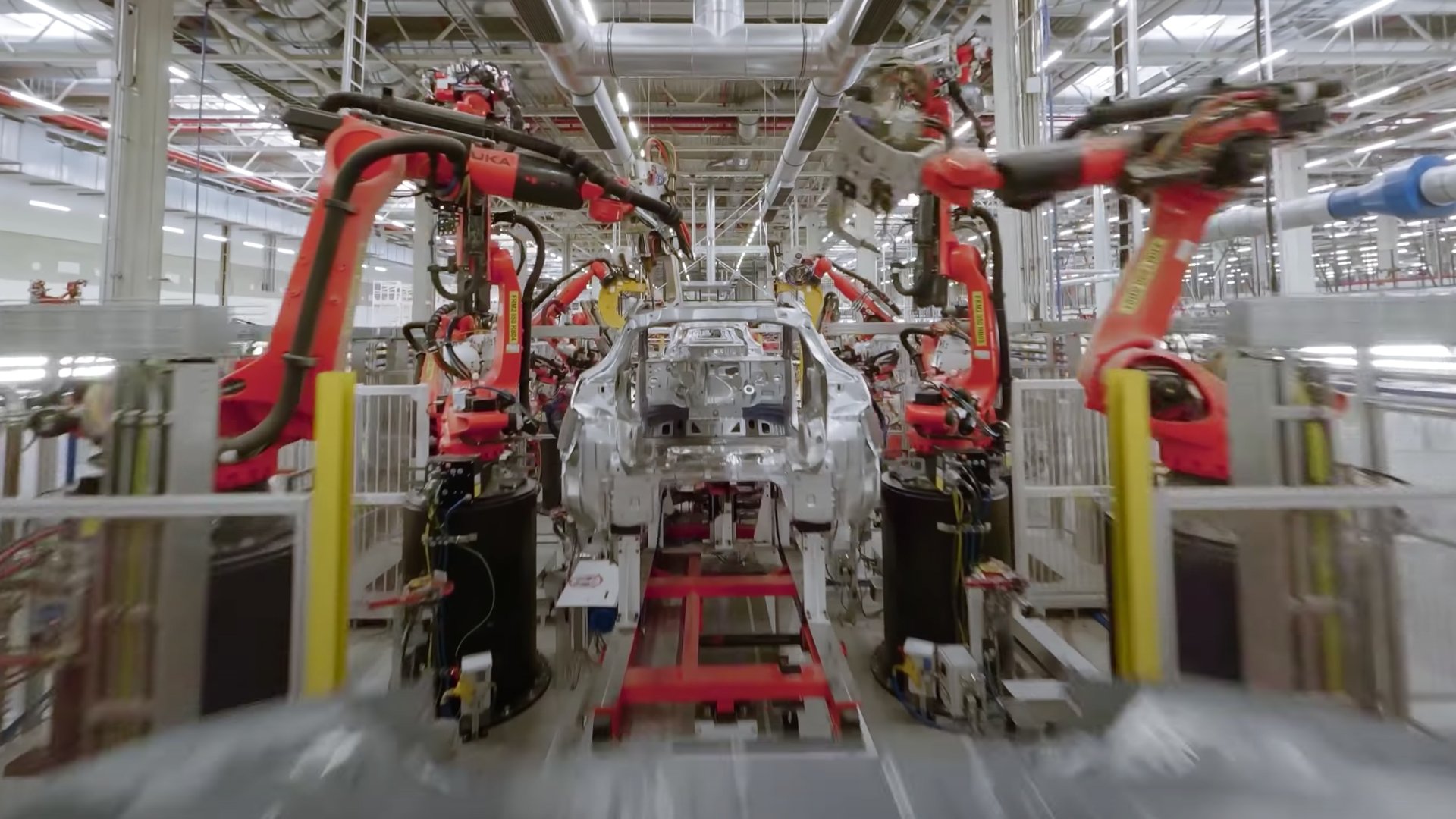 A machine-built Tesla car at the Giga factory