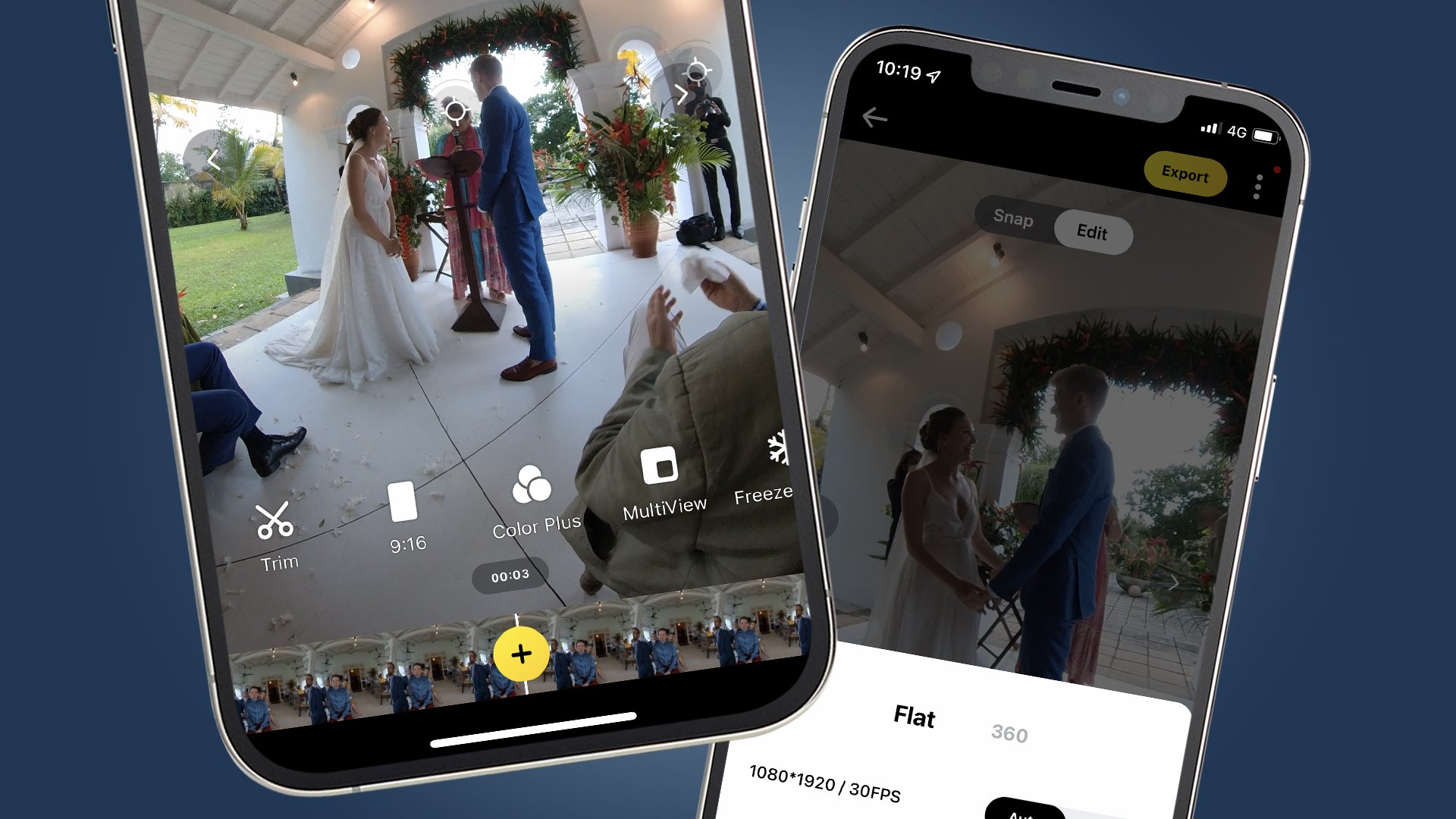 Dos teléfonos que muestran la edición de bodas en la aplicación de cámara Insta360