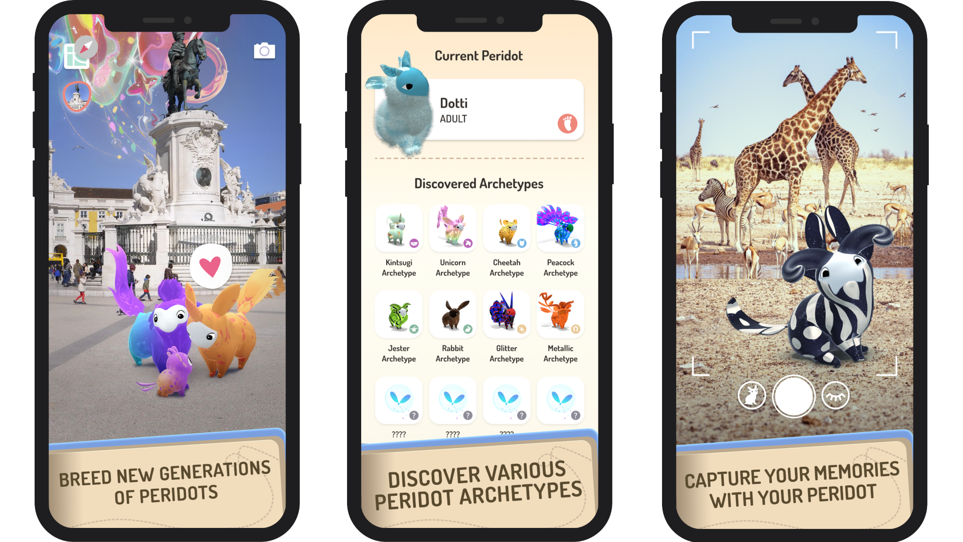 Скриншоты мобильных устройств, показывающие новые поколения перидотов, архетипы перидотов и перидоты, позирующие для фотографий.