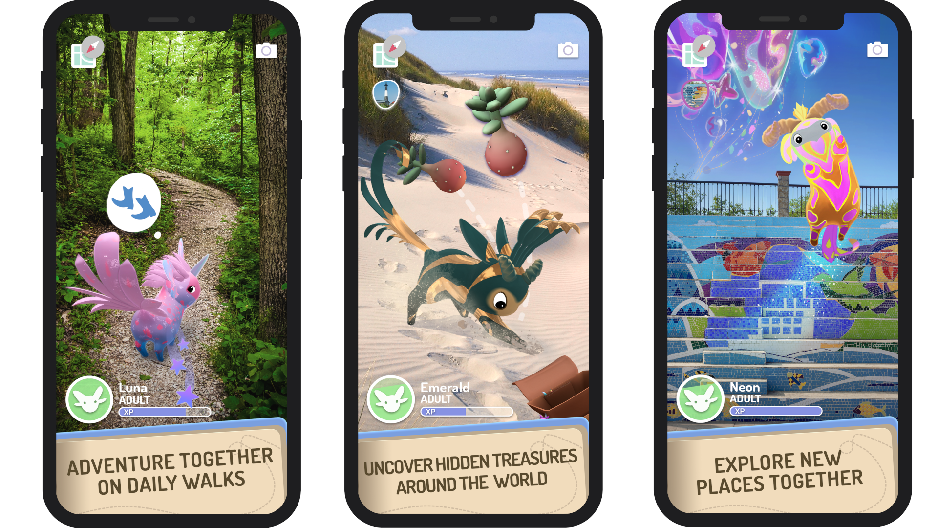 Capturas de pantalla móviles que muestran las actividades de los jugadores con Peridots, incluidas las caminatas diarias, la búsqueda de tesoros y la exploración de nuevos lugares