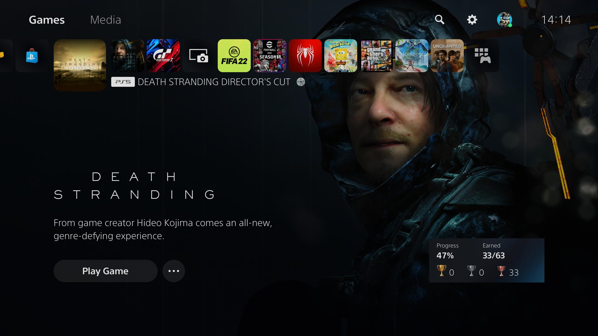 PS5-Startbildschirm mit Death Stranding auf PS5 und PS4