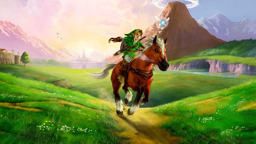 Линк скачет на лошади по зеленому полю в Zelda: Ocarina of time