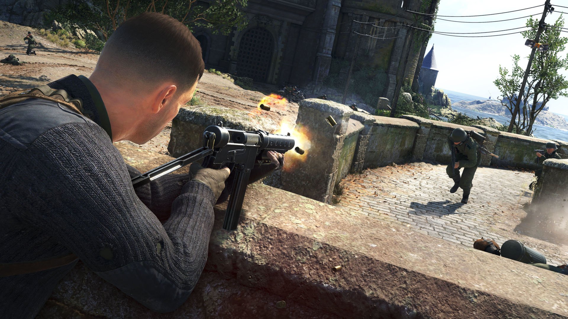 Un soldado dispara detrás de un muro bajo en Sniper Elite 5