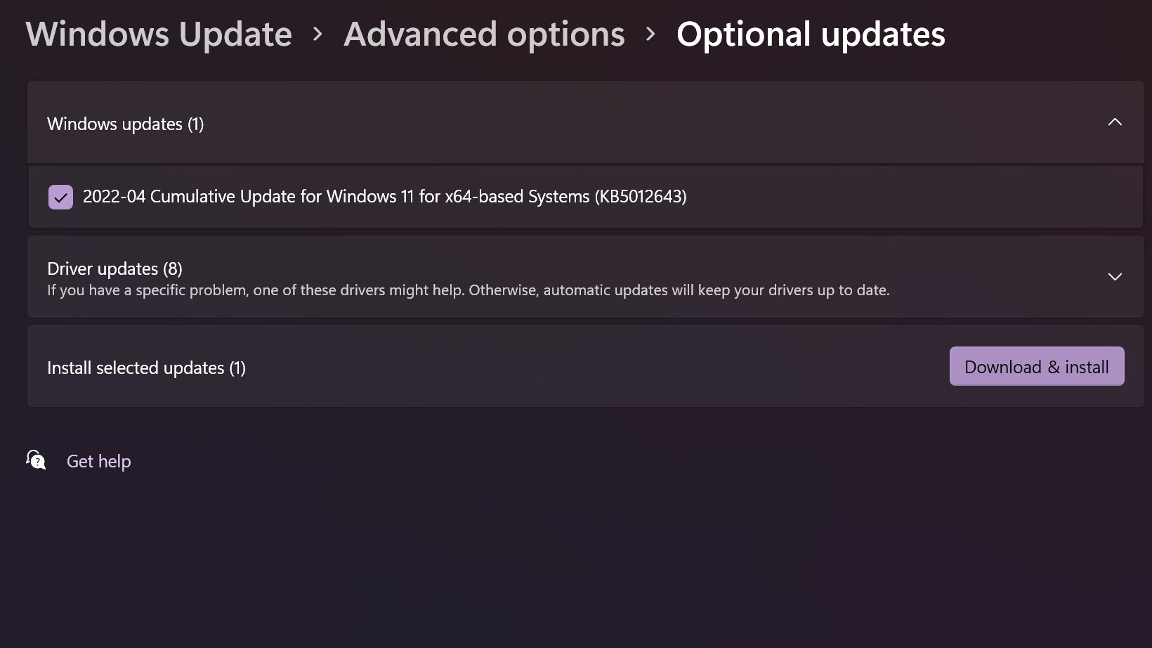 Снимок экрана экрана дополнительных обновлений Windows 11
