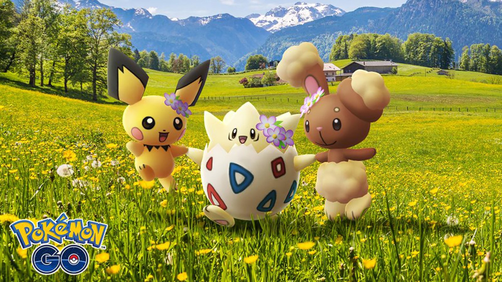 Pikachu y otros Pokémon en un campo