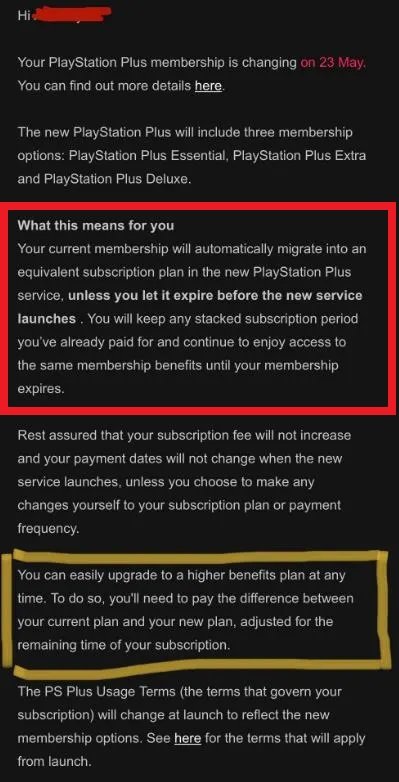 Screenshot of an email from PlayStation Plus customer support highlighting text indicating paid cumulative subscriptions will be honored