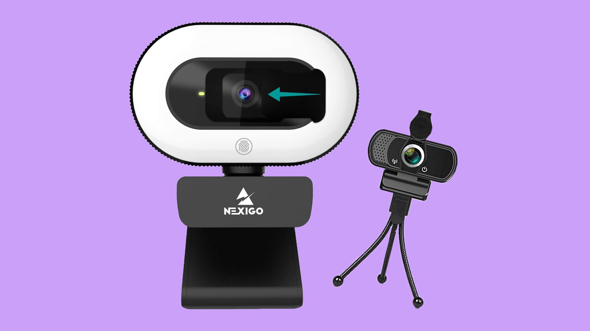 Webcams baratas 1080p en Amazon sobre fondo lila