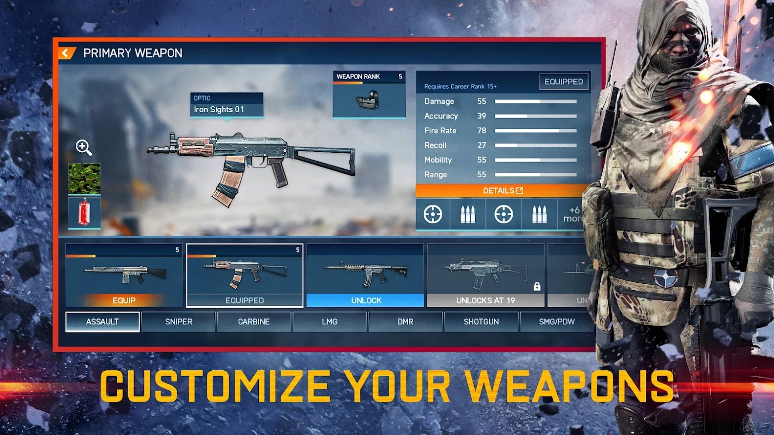 Capture d'écran de l'écran de personnalisation des personnages de Battlefield Mobile