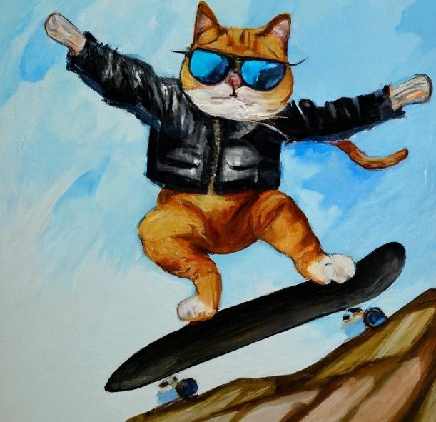 Pintura al óleo de un gato en patineta