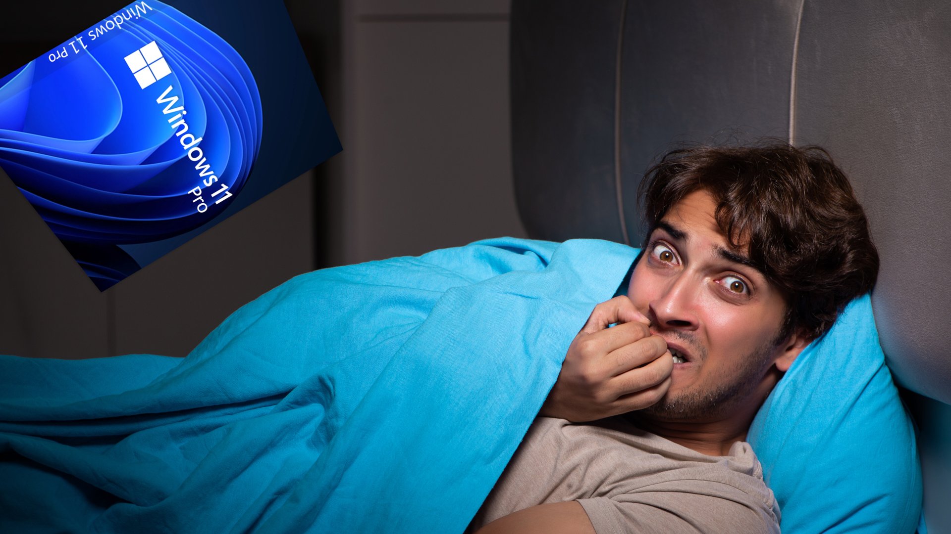 Hombre en la cama con una pesadilla sobre Windows 11