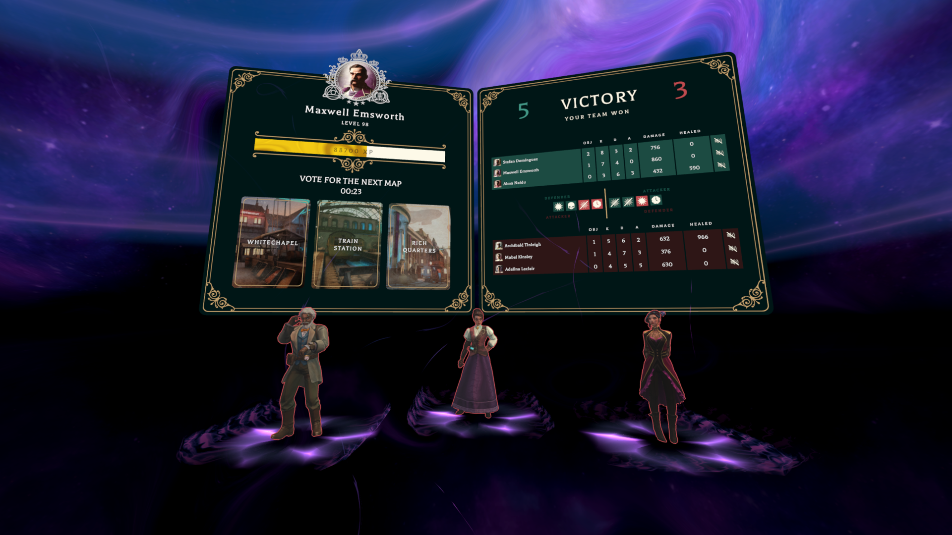 Wands Alliances Victory Screen, ¡el equipo del jugador ganó 5-3!