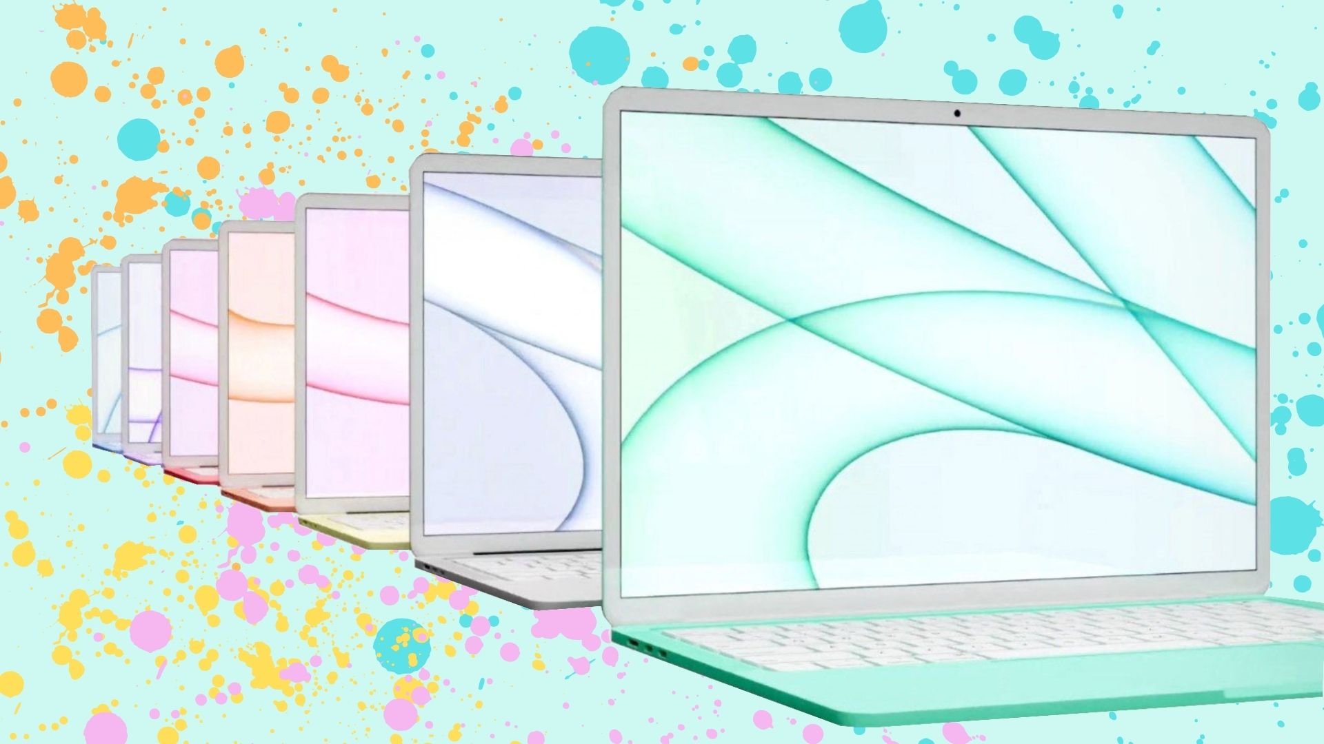 Den bärbara datorn MacBook Air (2022) kommer i en färgstark variant. Visas här på en slående pastellfärgad bakgrund