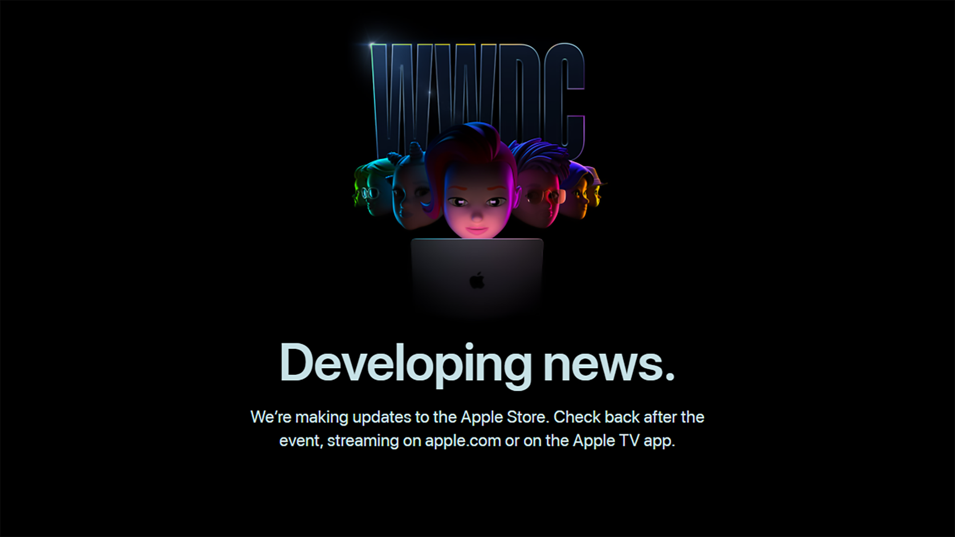 Apple store placeholder with animated heads on a black background looking at a Macbook