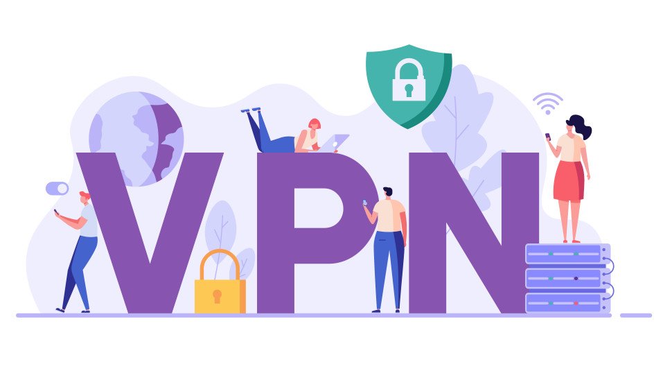 Illustration of VPN letters surrounded by people, devices and padlocks