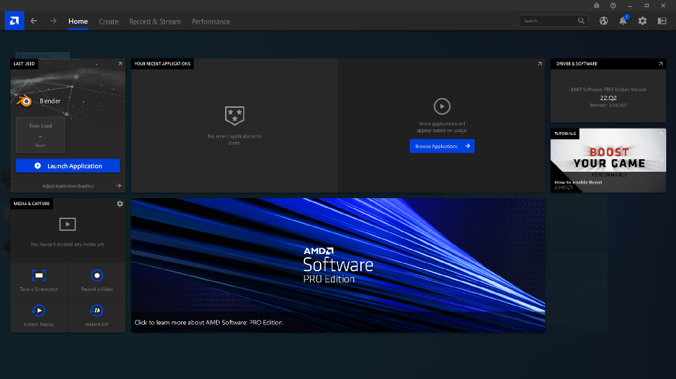 Zrzut ekranu ekranu głównego AMD Software PRO Edition.