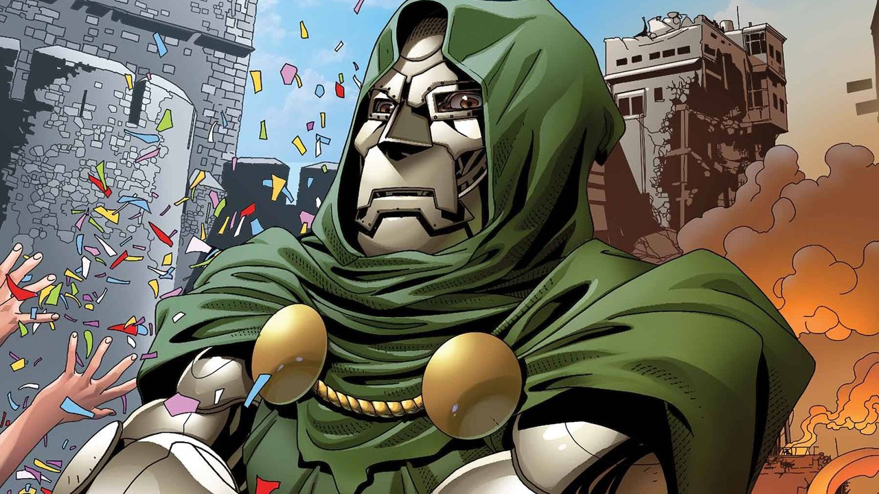 Docteur Doom se tient les bras croisés près d'une ville en feu et d'un ancien château sur la couverture d'une bande dessinée Marvel