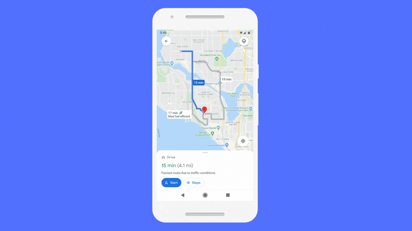A user selects the most fuel efficient route on Google Maps
