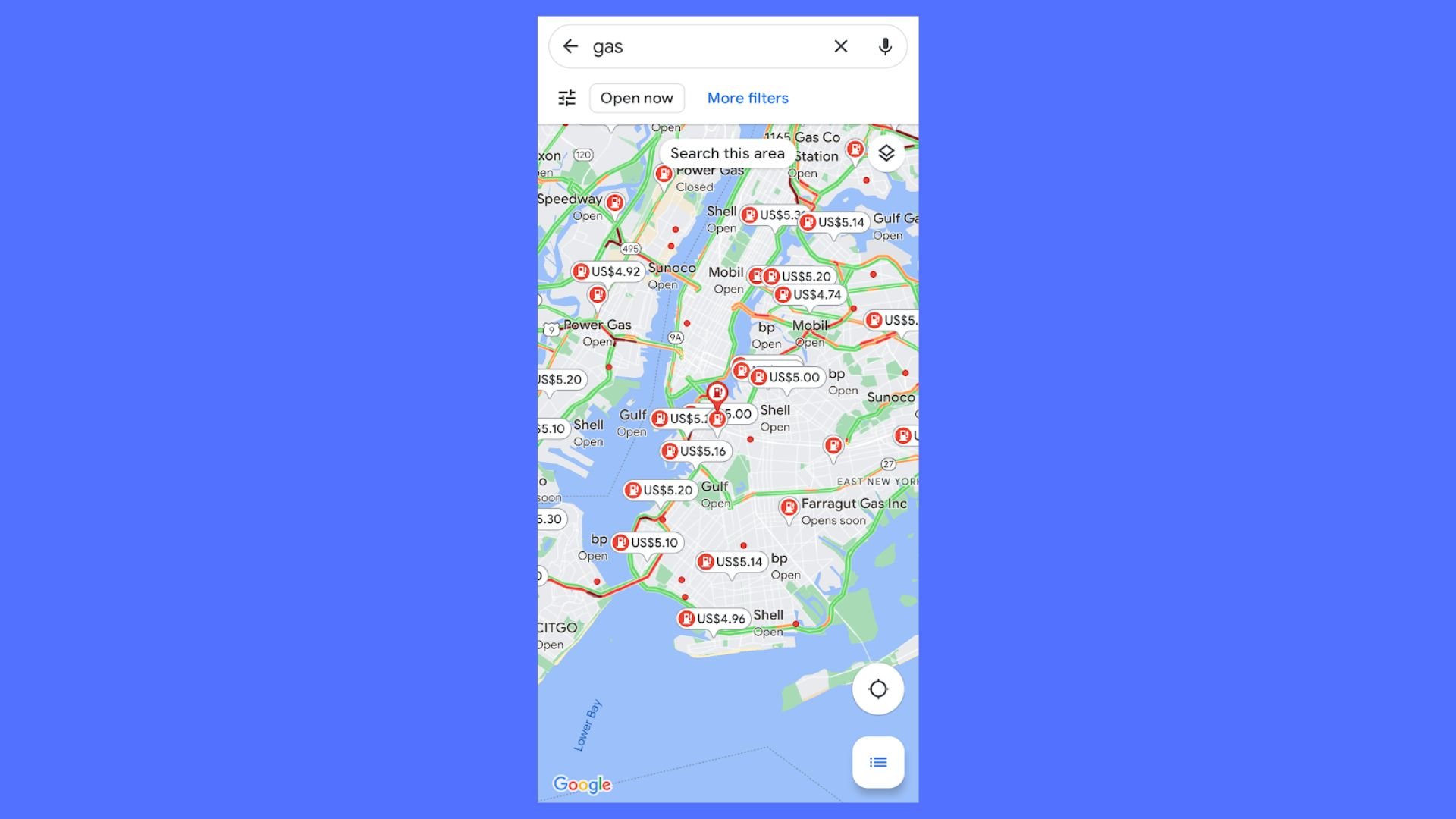 Bränslepriser i New York som visas på Google Maps