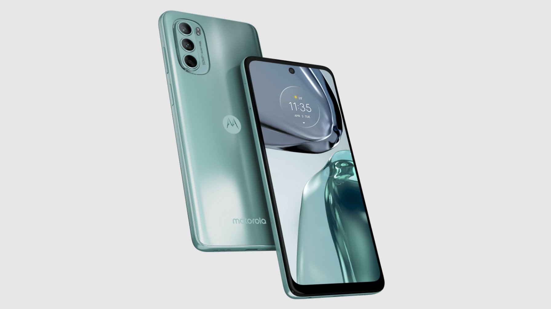 A Moto G62 in Frost Blue front and back