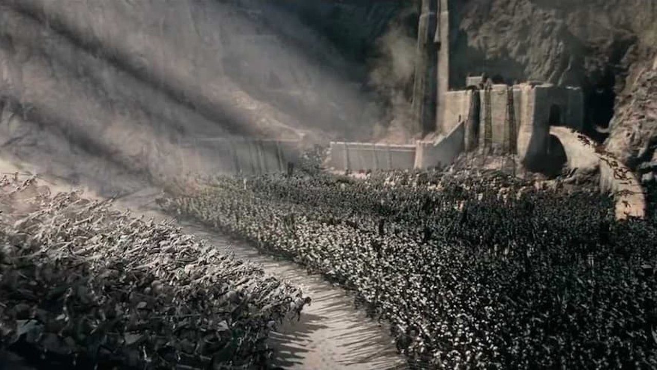 Gandalf leads the Rohirrim in battle against the Uruk-Hai in The Lord of the Rings: The Two Towers.