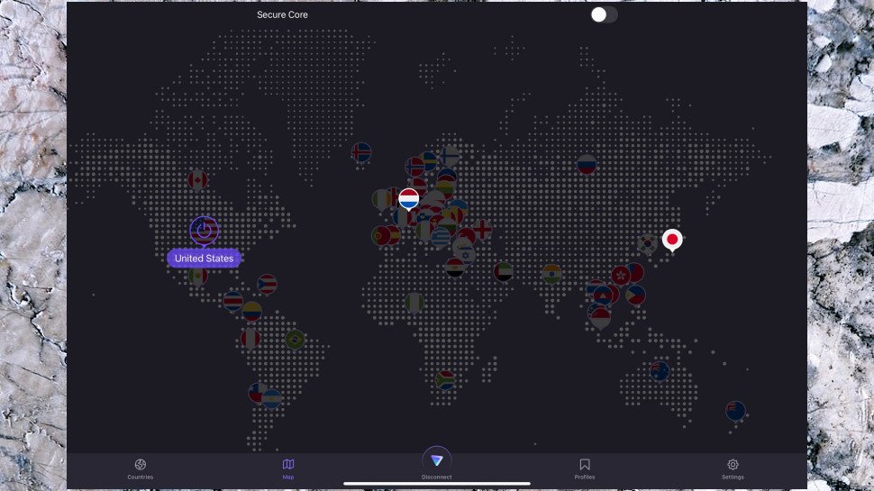 Mode sombre de l'application Proton VPN pour iPad