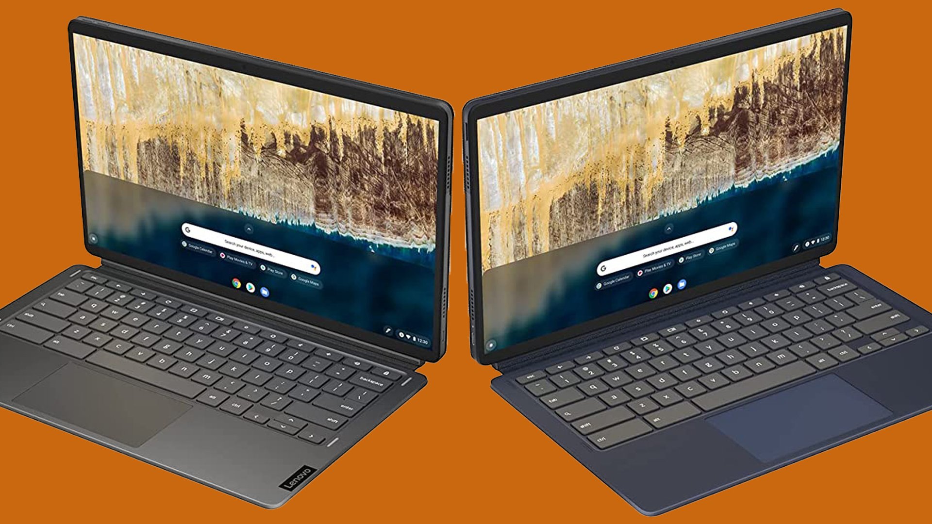 Lenovo IdeaPad Duet 5 Chromebook sobre fondo naranja