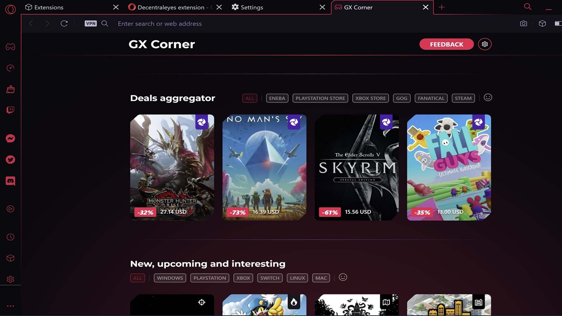 Il browser Opera GX su un PC da gioco