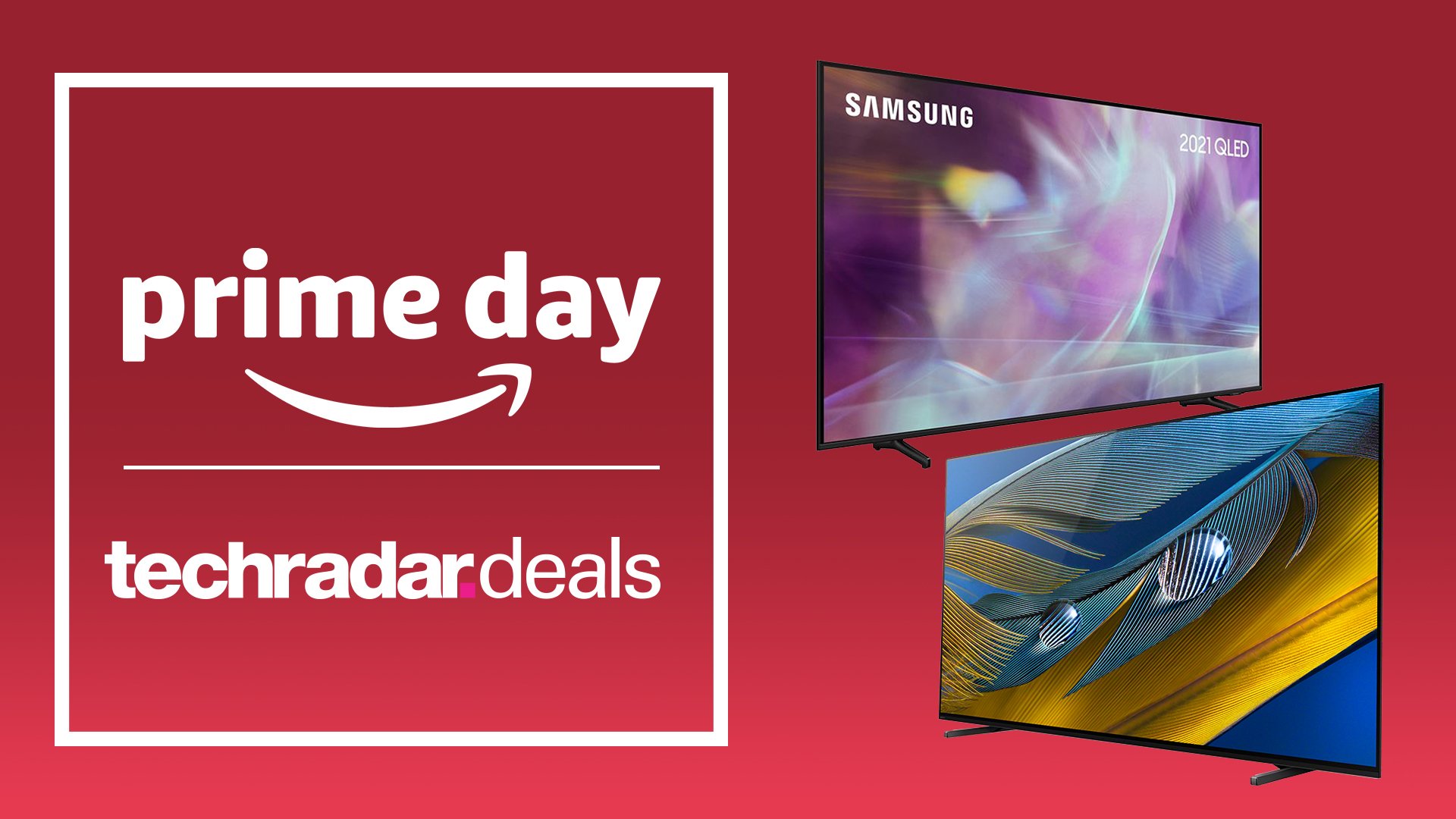 Dos televisores de fondo rojo con un cartel que muestra las ofertas de Prime Day