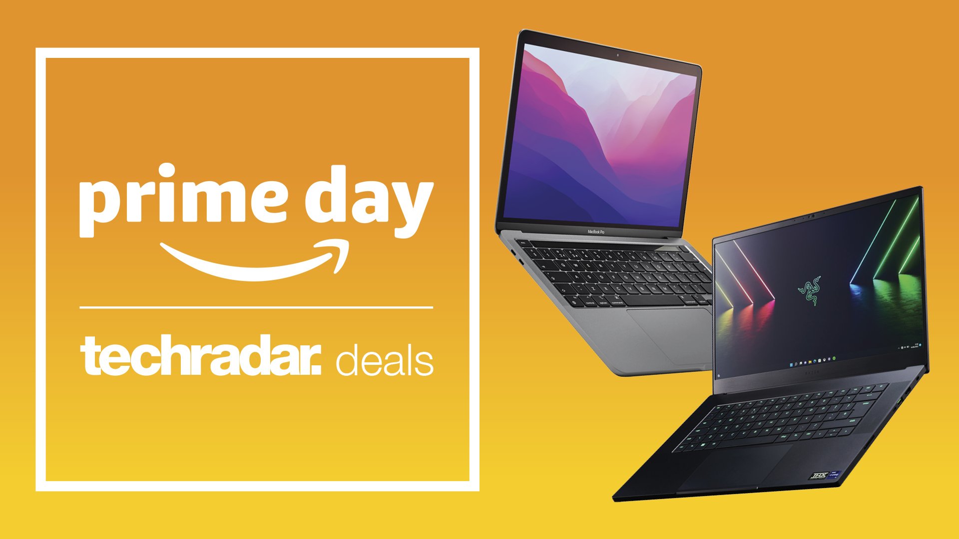 Amazon Prime Day-Laptop bietet Headerbild mit zwei Laptops auf gelbem Hintergrund