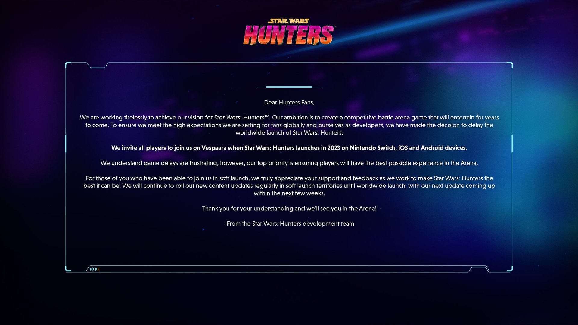 Annuncio di Zynga relativo al ritardo di Star Wars: Hunters