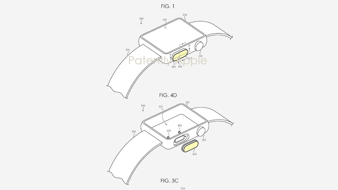 Schémas d'un brevet Apple Watch montrant un capteur d'empreintes digitales