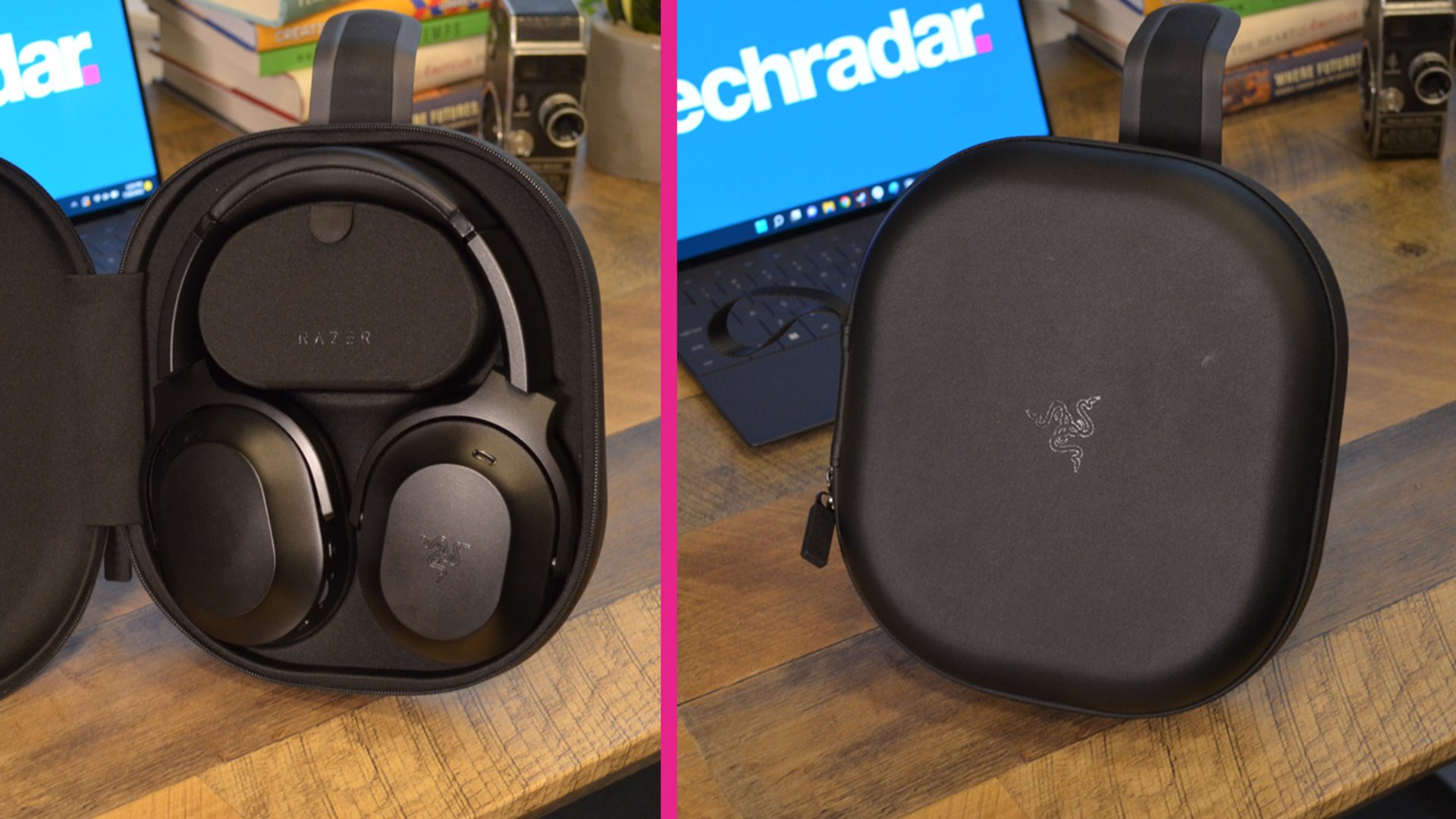 A Razer Barracuda Pro wearing a headset in front of a computer with a Techradar logo.