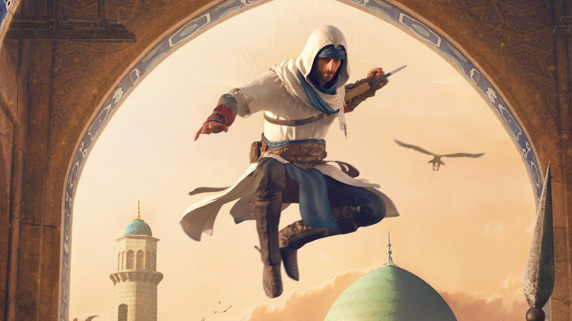 Basim หนุ่มในชุดคลุมสีขาวอันเป็นสัญลักษณ์จาก Assassin's Creed กลางอากาศ