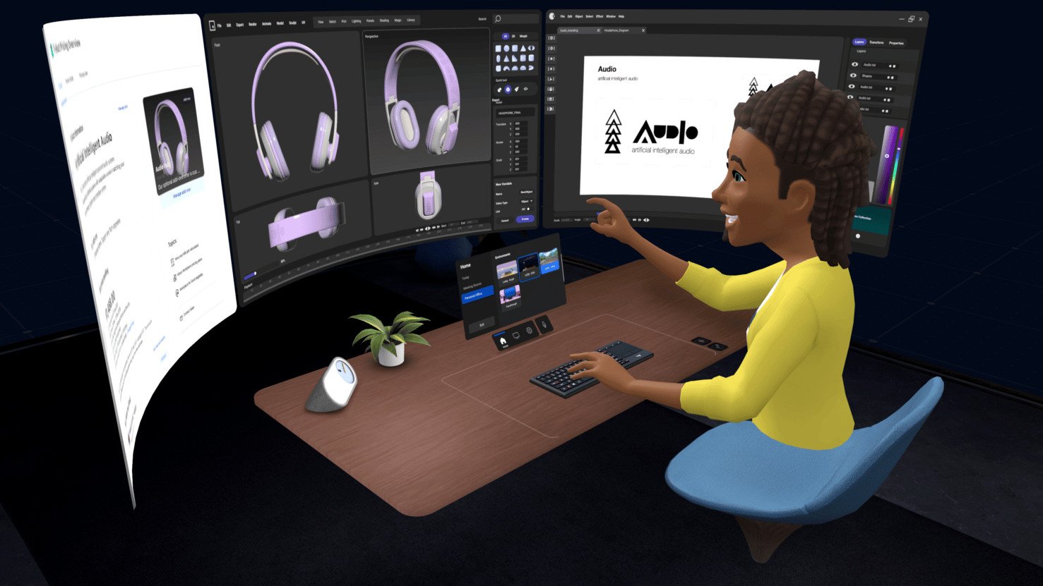Eine Person arbeitet an ihrem Schreibtisch in Metas Horizons VR.