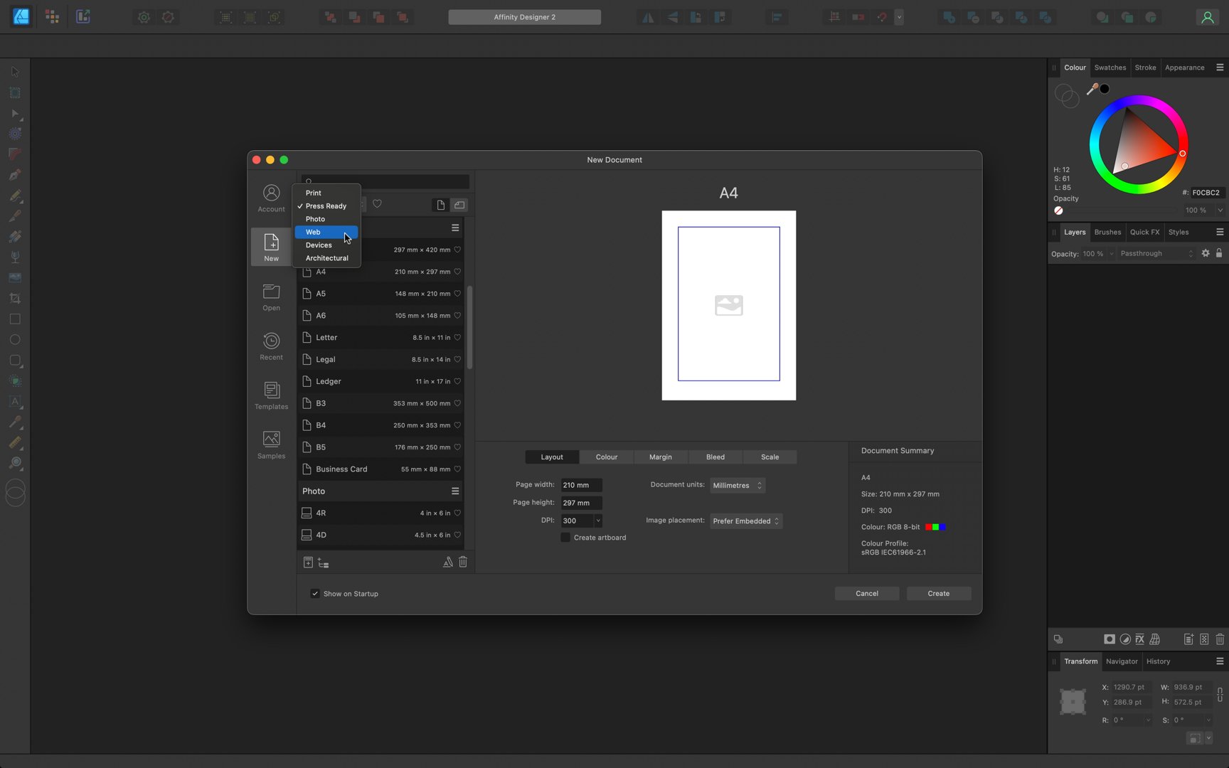 Снимок экрана программы графического дизайна Affinity Designer 2