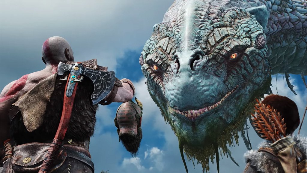 Kratos y Atrios hablando con una serpiente marina gigante en God Of War