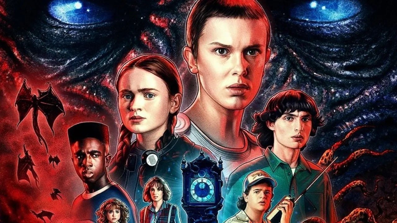 A screenshot of an official Stranger Things season 4 poster, showing the main cast